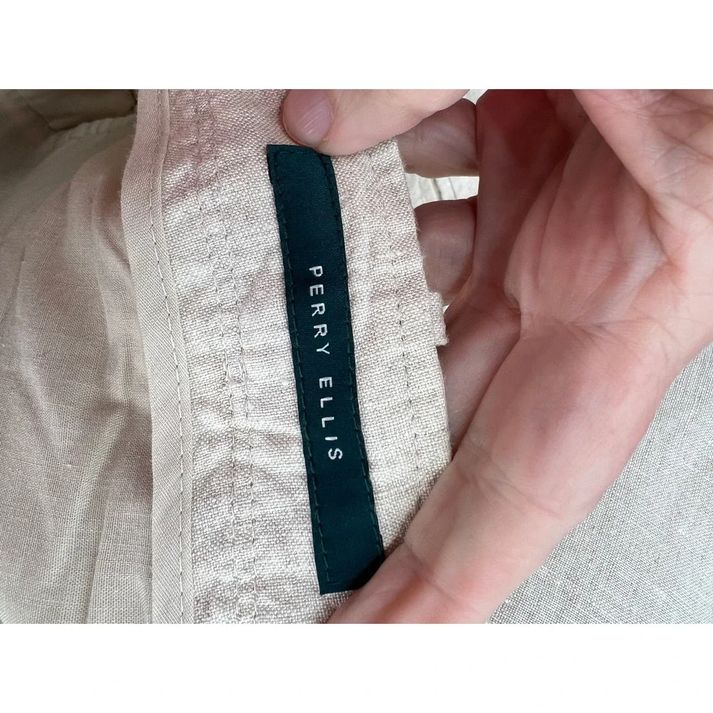 Perry Ellis Linen Pants Mens 36x34 Drawstring Straight Leg Beige Casual